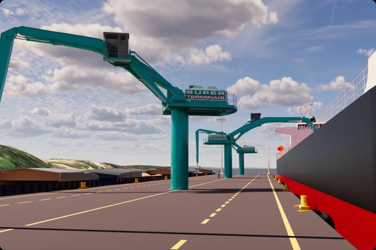 Guindastes portuários realizando operação de transbordo no Porto Verde